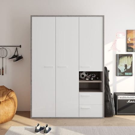 Armadio 3 ante e 2 cassetti Rovere Gessato e Bianco Lucido per stanzetta e camera da letto