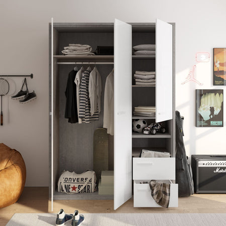 Armadio 3 ante e 2 cassetti Rovere Gessato e Bianco Lucido per stanzetta e camera da letto