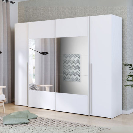 Armadio Callia con 2 ante battenti colore bianco e 2 ante scorrevoli con specchio 270.3x61.2xH210.5 cm.