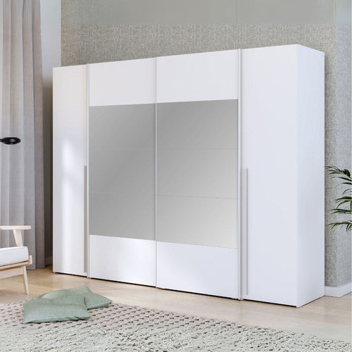 Armadio Callia con 2 ante battenti colore bianco e 2 ante scorrevoli con specchio 270.3x61.2xH210.5 cm.