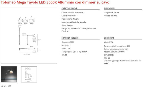 Artemide Tolomeo Mega Tavolo LED Alluminio e Raso Dimmerabile