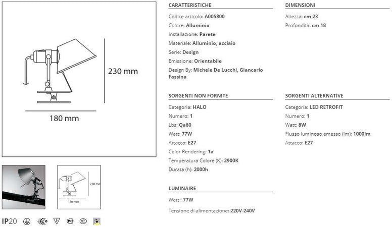 Artemide Tolomeo Pinza Lampada da Parete