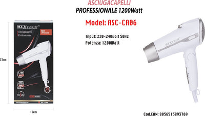 Asciugacapelli Viaggio 1200w Richiudibile Con Beccuccio Phon 100 Km/h Asc-ca06 Bellezza/Cura dei capelli/Strumenti per lo styling/Asciugacapelli e accessori/Asciugacapelli Trade Shop italia - Napoli, Commerciovirtuoso.it
