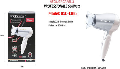 Asciugacapelli Viaggio 650w Richiudibile Beccuccio Di Precisione Phon Asc-ca05 Bellezza/Cura dei capelli/Strumenti per lo styling/Asciugacapelli e accessori/Asciugacapelli Trade Shop italia - Napoli, Commerciovirtuoso.it