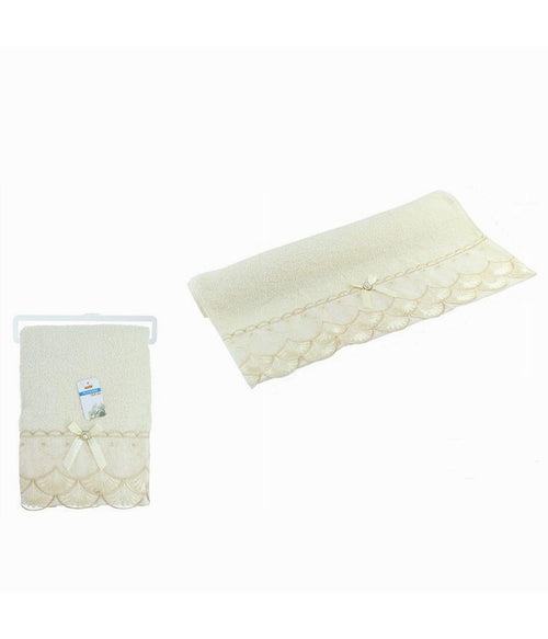 Asciugamano Bagno Telo Cotone Morbido Decorato 70x140cm 380gr Beige Chiaro 79504