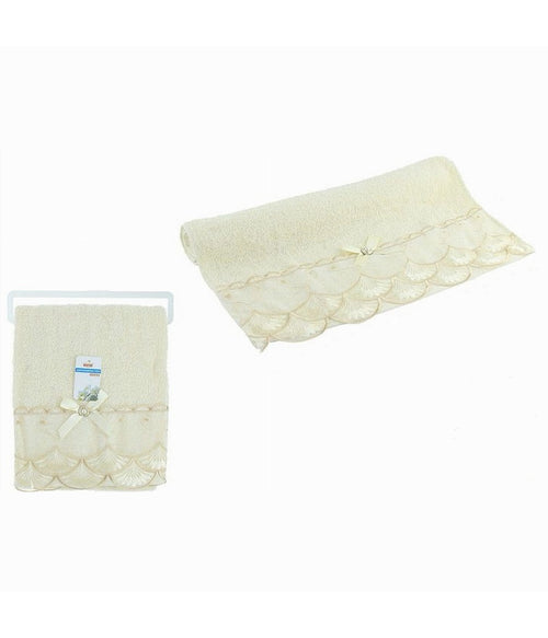Asciugamano Bagno Viso Cotone Morbido Decorato 48x93 Cm 180gr Beige Chiaro 79503
