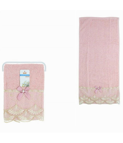 Asciugamano Bagno Viso Piccolo Cotone Morbido Decorato 35 X 75cm 95gr Rosa 79505