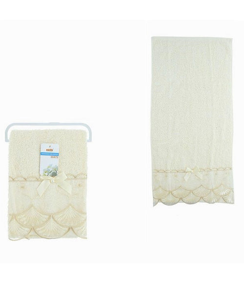 Asciugamano Bagno Viso Piccolo Cotone Morbido Decorato 35x75cm Beige Chiaro 79502