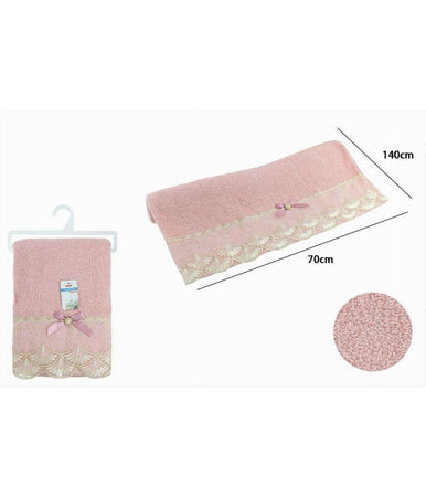 Asciugamano Da Bagno Telo In Cotone Morbido Decorato 70 X 140cm 380gr Rosa 79507
