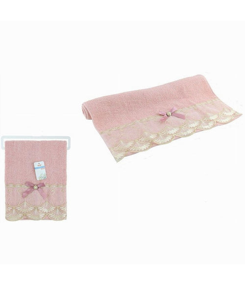 Asciugamano Da Bagno Viso In Cotone Morbido Decorato 48 X 93 Cm 180gr Rosa 79506