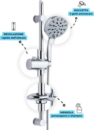 Asta Doccia Saliscendi 005 Completo Doccetta 5 Funzioni Multigetto Salvaforo H 72 CM Fai da te/Attrezzature per cucine e bagni/Attrezzature per bagni/Docce e componenti doccia/Sistemi saliscendi per vasche da bagno e docce Ogomondo - Martina Franca, Commerciovirtuoso.it