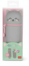 Astuccio 2 In 1 In Morbido Silicone Kawaii Gatto Kitty Legami Tombolino Portapenne Con Zip Grigio