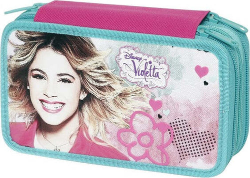 Astuccio-A-3-Zip-Disney-Violetta-In-Tessuto-Completo-Di-Pastelli-E-Pennarelli