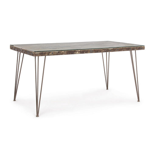 Tavolo Atlantide rettangolare, con struttura in acciaio anticato, piano in vetro e mdf da 160 x 90 cm