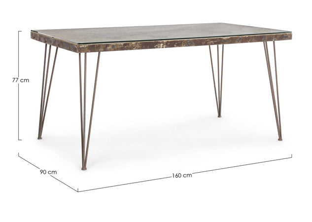Tavolo Atlantide rettangolare, con struttura in acciaio anticato, piano in vetro e mdf da 160 x 90 cm