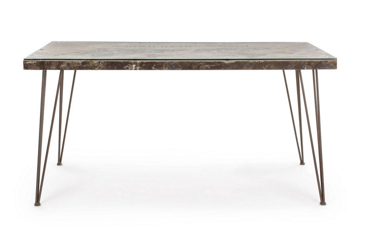 Tavolo Atlantide rettangolare, con struttura in acciaio anticato, piano in vetro e mdf da 160 x 90 cm