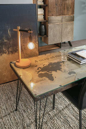 Tavolo Atlantide rettangolare, con struttura in acciaio anticato, piano in vetro e mdf da 160 x 90 cm