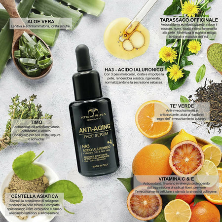 Atokirina Beauty 30ml Booster Viso Siero Antietà Acido Ialuronico 3p Puro Con Vitamina C/e Bio Naturale 99% Siero Azione Rimpolpante Antirughe Lifting Appiana Occhiaie Borse per Uomo/donna - Made in Italy