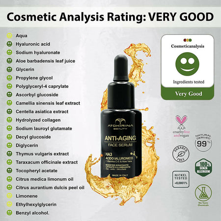 Atokirina Beauty 30ml Booster Viso Siero Antietà Acido Ialuronico 3p Puro Con Vitamina C/e Bio Naturale 99% Siero Azione Rimpolpante Antirughe Lifting Appiana Occhiaie Borse per Uomo/donna - Made in Italy