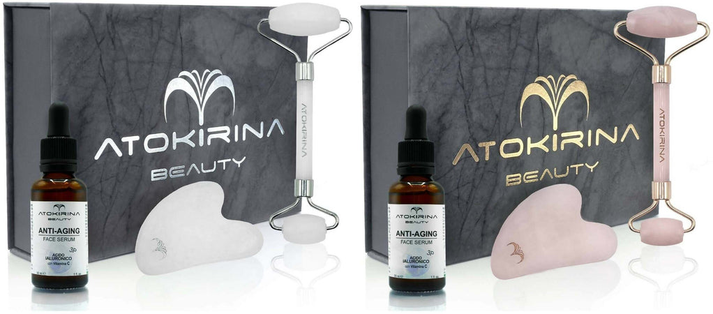 Atokirina Skincare Box Siero Viso Anti Età 30ml Acido Ialuronico 3p Puro Vit C-E Roller Guasha Pietre Naturali 100% Massaggio Rimodellante Antirughe Made in Italy Atokirina Beauty