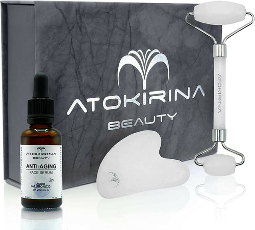 Atokirina Skincare Box Siero Viso Anti Età 30ml Acido Ialuronico 3p Puro Vit C-E Roller Guasha Pietre Naturali 100% Massaggio Rimodellante Antirughe Made in Italy Atokirina Beauty