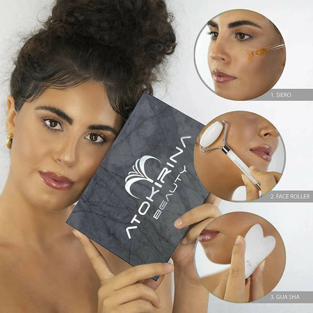 Atokirina Skincare Box Siero Viso Anti Età 30ml Acido Ialuronico 3p Puro Vit C-E Roller Guasha Pietre Naturali 100% Massaggio Rimodellante Antirughe Made in Italy Atokirina Beauty