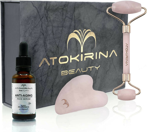 Atokirina Skincare Box Siero Viso Anti Età 30ml Acido Ialuronico 3p Puro Vit C-E Roller Guasha Pietre Naturali 100% Massaggio Rimodellante Antirughe Made in Italy Atokirina Beauty