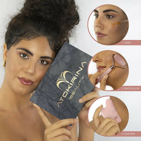 Atokirina Skincare Box Siero Viso Anti Età 30ml Acido Ialuronico 3p Puro Vit C-E Roller Guasha Pietre Naturali 100% Massaggio Rimodellante Antirughe Made in Italy Atokirina Beauty