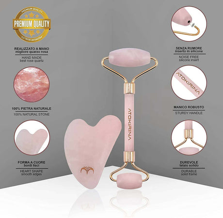 Atokirina Skincare Box Siero Viso Anti Età 30ml Acido Ialuronico 3p Puro Vit C-E Roller Guasha Pietre Naturali 100% Massaggio Rimodellante Antirughe Made in Italy Atokirina Beauty
