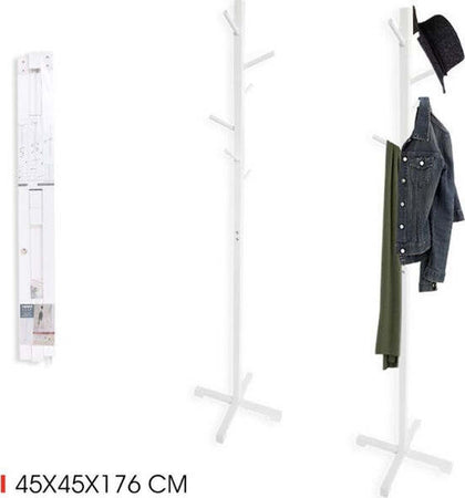Attaccapanni-Appendiabiti-A-Piantana-Terra-In-Legno-Bianco-6-Ganci-45x45x176cm