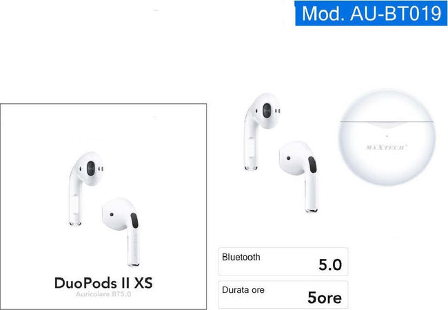 Auricolare Bluetooth Bt5.0 Cuffie Duopods Ii Xs Cordless Per Smartphone Au-bt019 Elettronica/Cuffie auricolari e accessori/Cuffie/Cuffie In-Ear Trade Shop italia - Napoli, Commerciovirtuoso.it