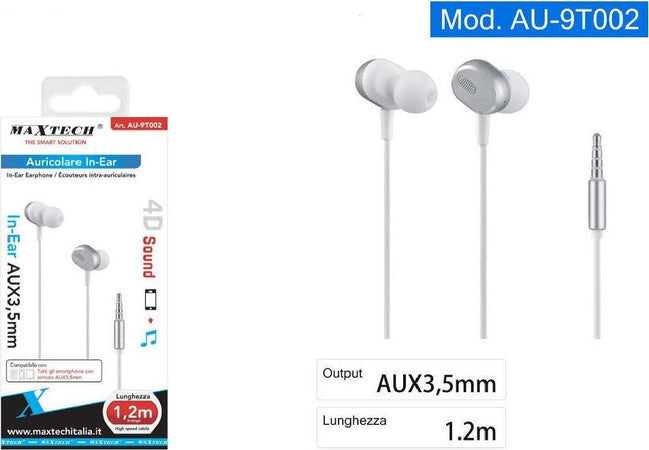 Auricolari Cuffie In-ear Aux 3,5mm Per Smartphone Filo 1,2 Mt Suono 4d Au-9t002 Elettronica e telefonia > Telefonia Fissa e Mobile > Accessori Smartphone > Cuffie e Auricolari Trade Shop italia - Napoli, Commerciovirtuoso.it