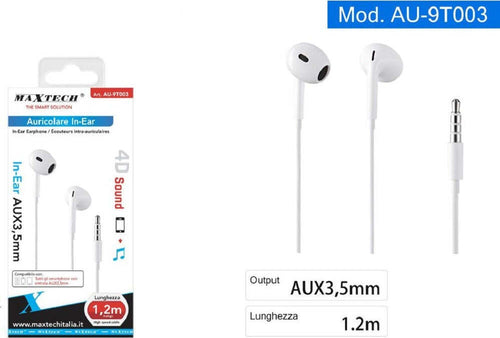Auricolari Cuffie In-ear Cavo Da 1,2mt Connettore Aux 3,5mm Smartphone Au-9t003 Elettronica e telefonia > Telefonia Fissa e Mobile > Accessori Smartphone > Cuffie e Auricolari Trade Shop italia - Napoli, Commerciovirtuoso.it