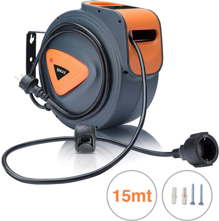 Avvolgicavo Elettrico con Cavo 15mt Prolunga Shucko Avvolgitubo Fissaggio Muro