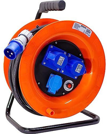 Avvolgicavo industriale IP44 - 2 prese CEE, 1 presa Schuko - 30 metri 220V - Cavo in Neoprene H07Rn-f