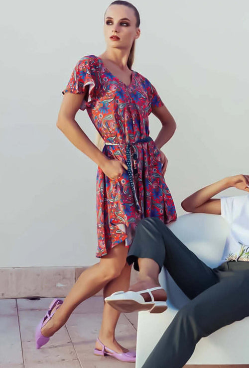 AYFEE-|-Abito-corto-mezza-manica-scollo-a-V-poliseta