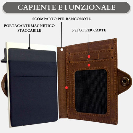 Sei G portacarte safe magnetic silver con custodia in pelle marrone