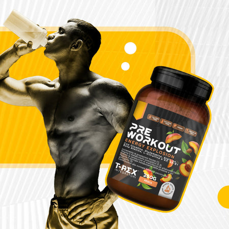 Integratore Pre Workout, Energy Drink Potente Con Creatina Monoidrata, Citrullina, Taurina, Arginina, Beta Alanina E Vitamine - Pre-allenamento Energia E Massa - Senza Caffeina, T-rex Integratori 250g Aroma pesca