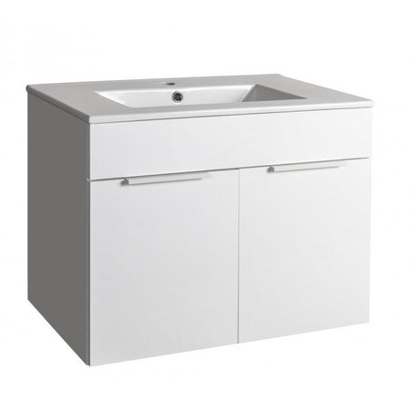 Mobile bagno sospeso con lavabo in ceramica bianco lucido e cemento h 58 cm con 2 ante in legno