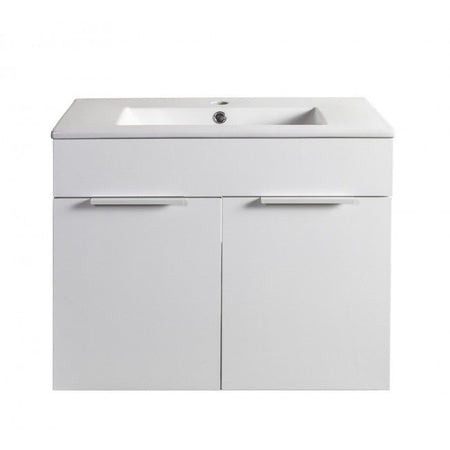 Mobile bagno sospeso con lavabo in ceramica bianco lucido e cemento h 58 cm con 2 ante in legno