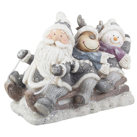 Babbo Natale con renna e pupazzo di neve con slitta in polvere di gesso color grigio decorazione natalizia