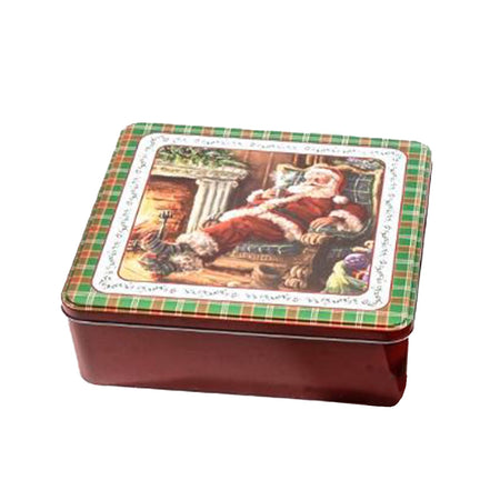 Scatola in latta con coperchio con decorazioni natalizie