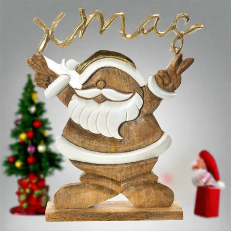 Babbo Natale in legno con scritta xmas con luci led h 44 cm