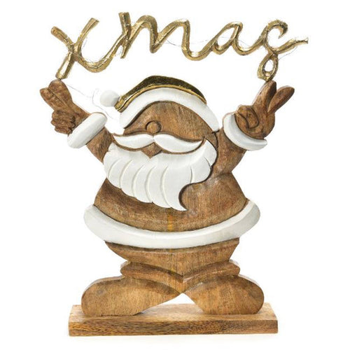 Babbo Natale in legno con scritta xmas con luci led h 44 cm
