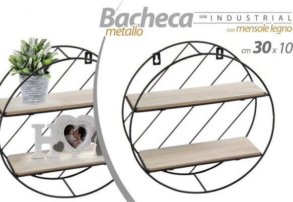 Bacheca-In-Metallo-Tonda-Parete-Porta-Oggetti-Mensole-Legno-30x10cm-Nero-832154