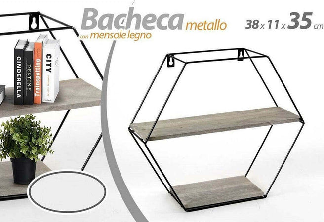 Bacheca Porta Oggetti Metallo Esagonale Parete 2 Mensole Legno 38x11x35cm 751998 Casa e cucina/Organizzazione interni/Porta oggetti cassetti e scaffali/Mensole da muro Trade Shop italia - Napoli, Commerciovirtuoso.it