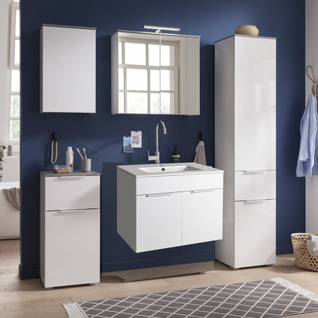 Mobile bagno sospeso con lavabo in ceramica bianco lucido e cemento h 58 cm con 2 ante in legno