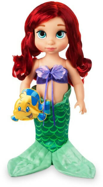 Bambola Sirenetta Ariel per Bambine Con Capelli Realistici E Abiti in Tessuto Con Peluche Flounder Disney