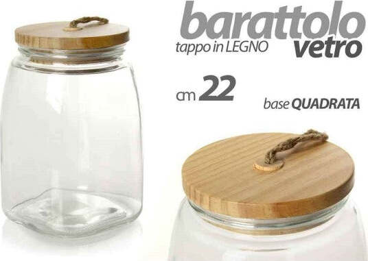 Barattolo-22cm-In-Vetro-Tappo-In-Legno-Ermetico-Contenitore-Base-Quadrata-728358