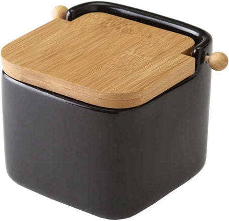 Barattolo Ceramica Tappo Legno Bambu Sale Zucchero Caffe Saliera 0,7lt Nero
